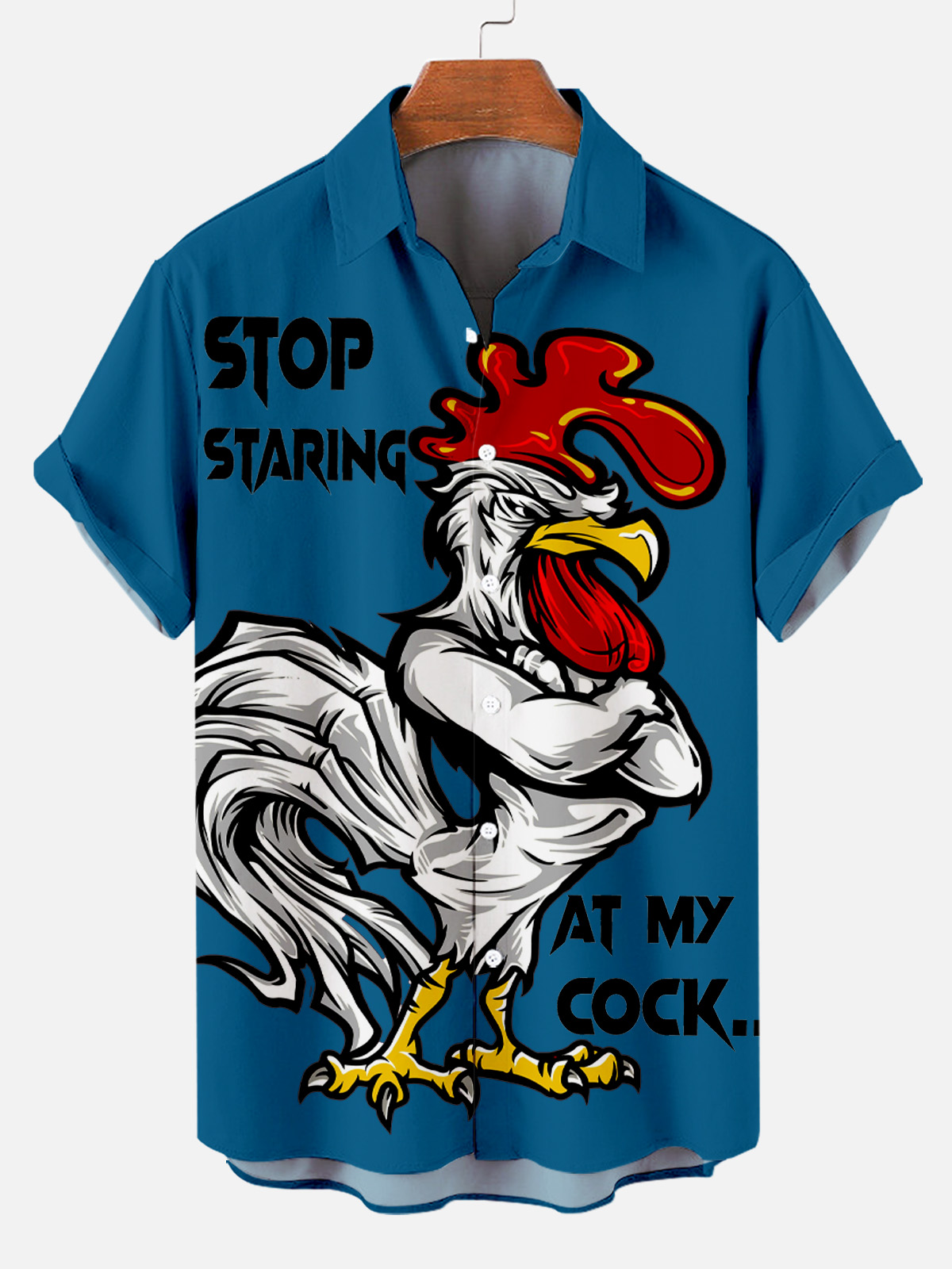 Men's Christmas Cartoon Funny Rooster Print Short Sleeve Shirt PLUSCLOTHESMAN