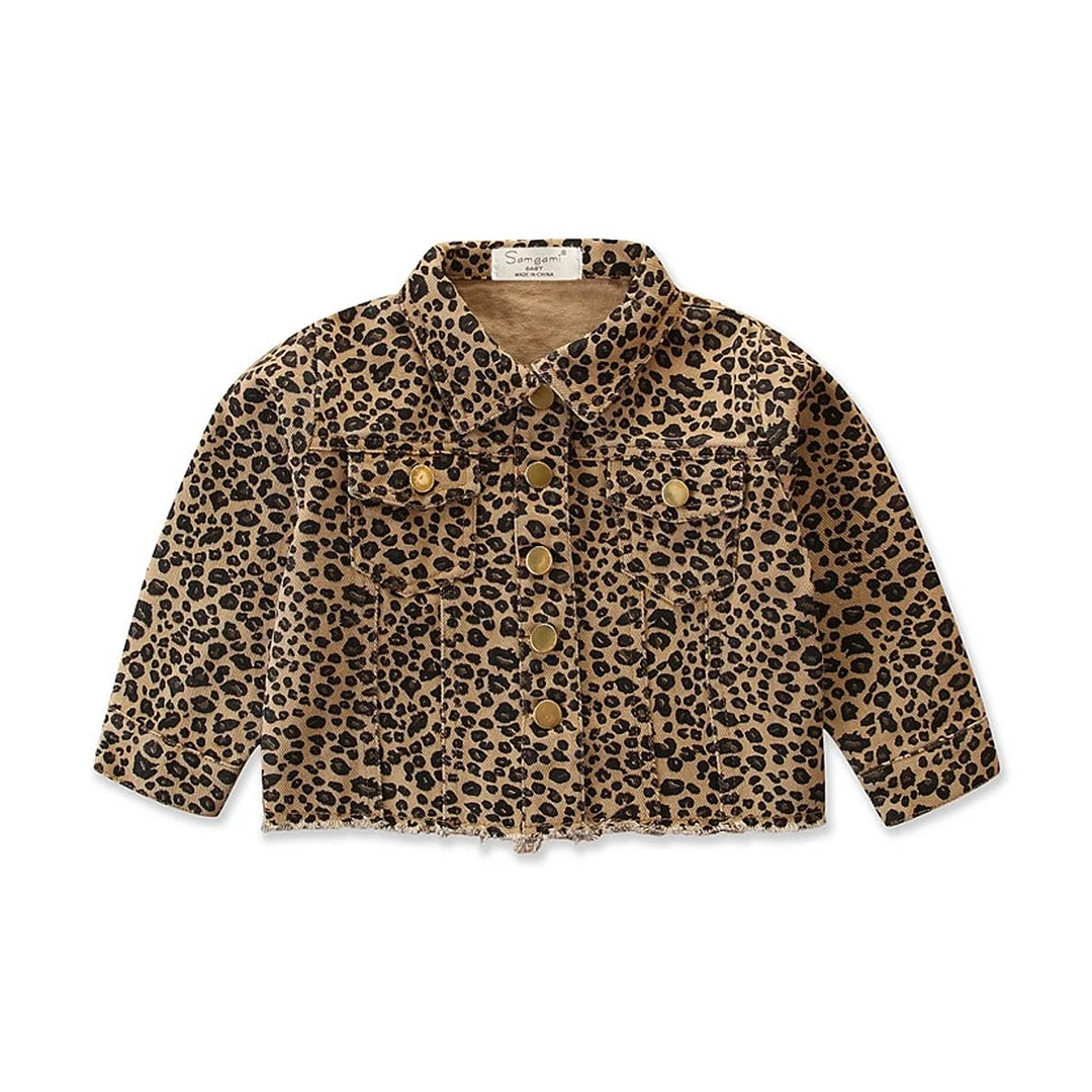 Infant Kids Baby Girls Spring Fall Jacket Long Sleeve Folded Collar Leopard Pattern Button-Down Design Front Pockets Jackets