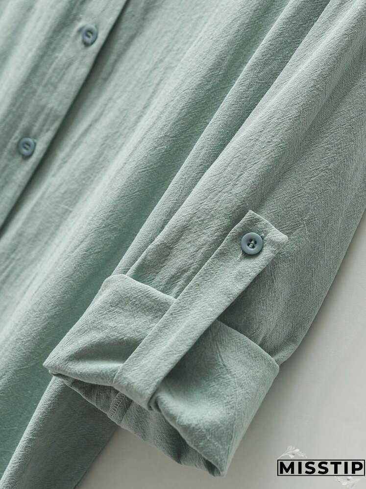 Women's Plain Rolled Cuff Long Sleeve Single-Breasted Casual Shirt Dress For Autumn