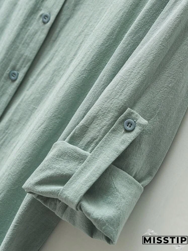 Women's Plain Rolled Cuff Long Sleeve Single-Breasted Casual Shirt Dress For Autumn