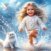 40x40cm chat et fille 5d bricolage plein per&ccedil;age rond diamant peinture kit d&eacute;coration int&eacute;rieure