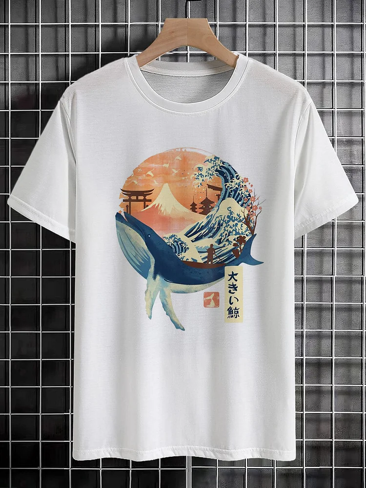 100% Cotton Men's Japanese Art Wave Blue Whale Print Cotton Casual T-Shirt