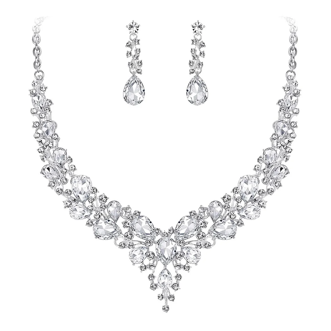 Women's Wedding Bridal Austrian Crystal Teardrop Cluster Statement Necklace Dangle Earrings Set