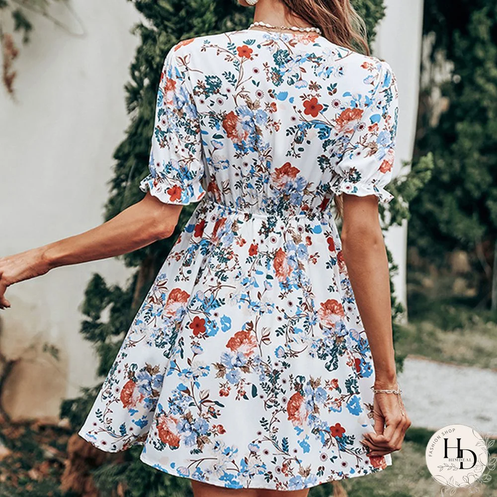 Elegant Floral Print Dress Women Summer Dresses New Boho Deep V Neck White Short Puff Sleeve Lace-up Waist Swing Mini Dress