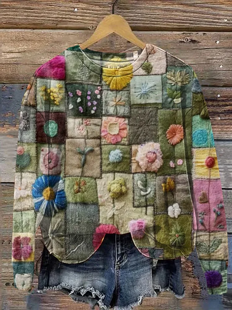 Vintage Lovely Floral Patchwork Art Print Casual  Sweatshirt