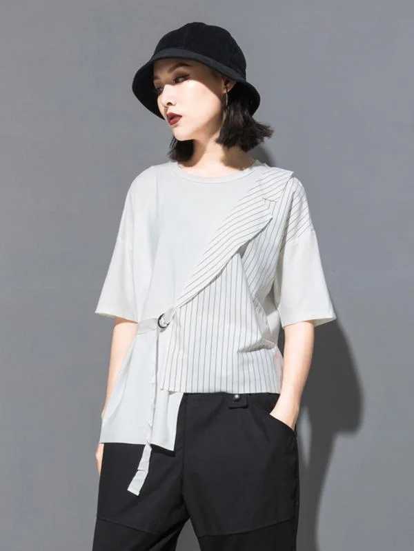 Striped Splicing Cropped Lace-Up T-Shirt