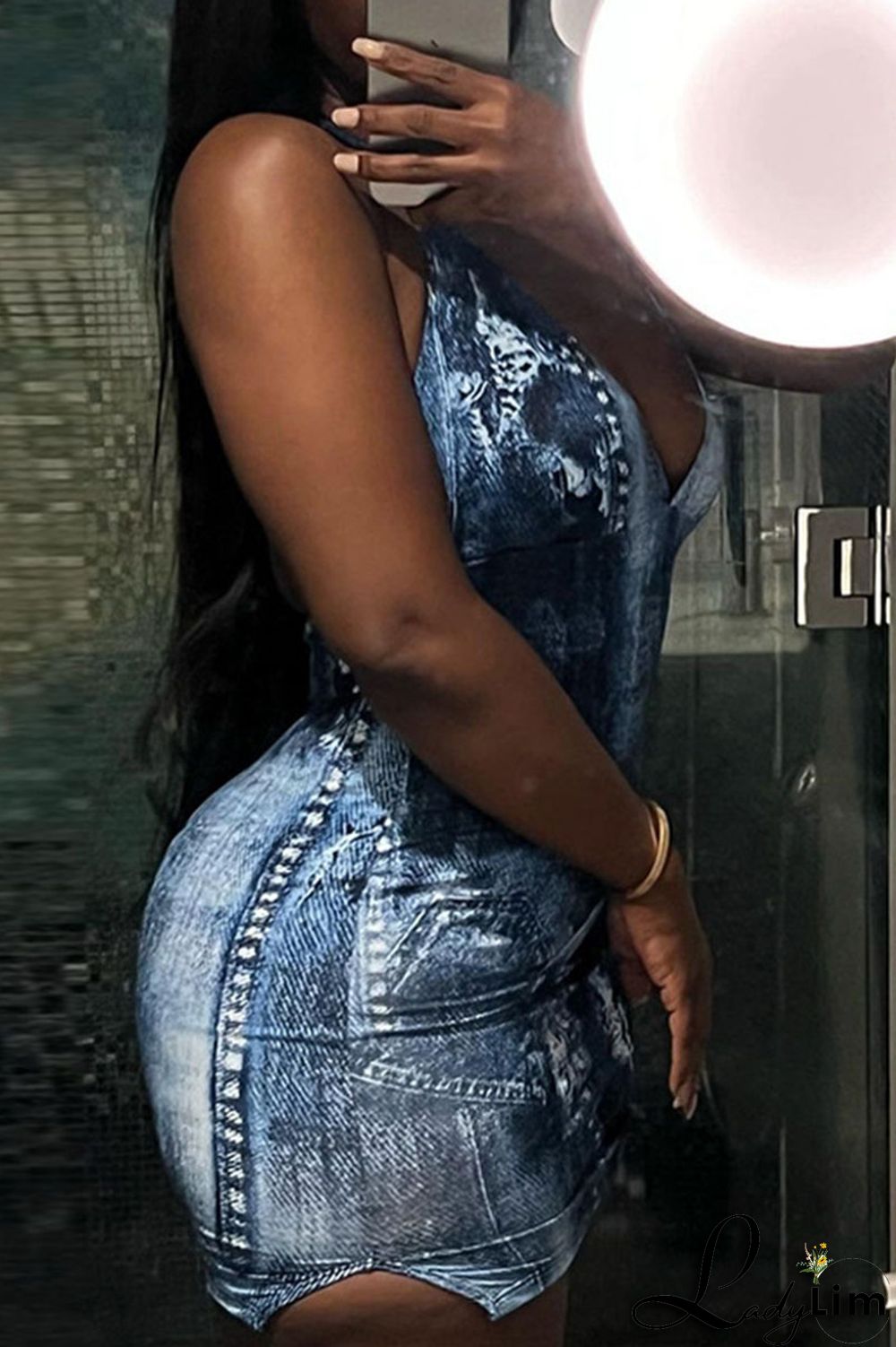 Blue Sexy Print Patchwork Halter Pencil Skirt Dresses