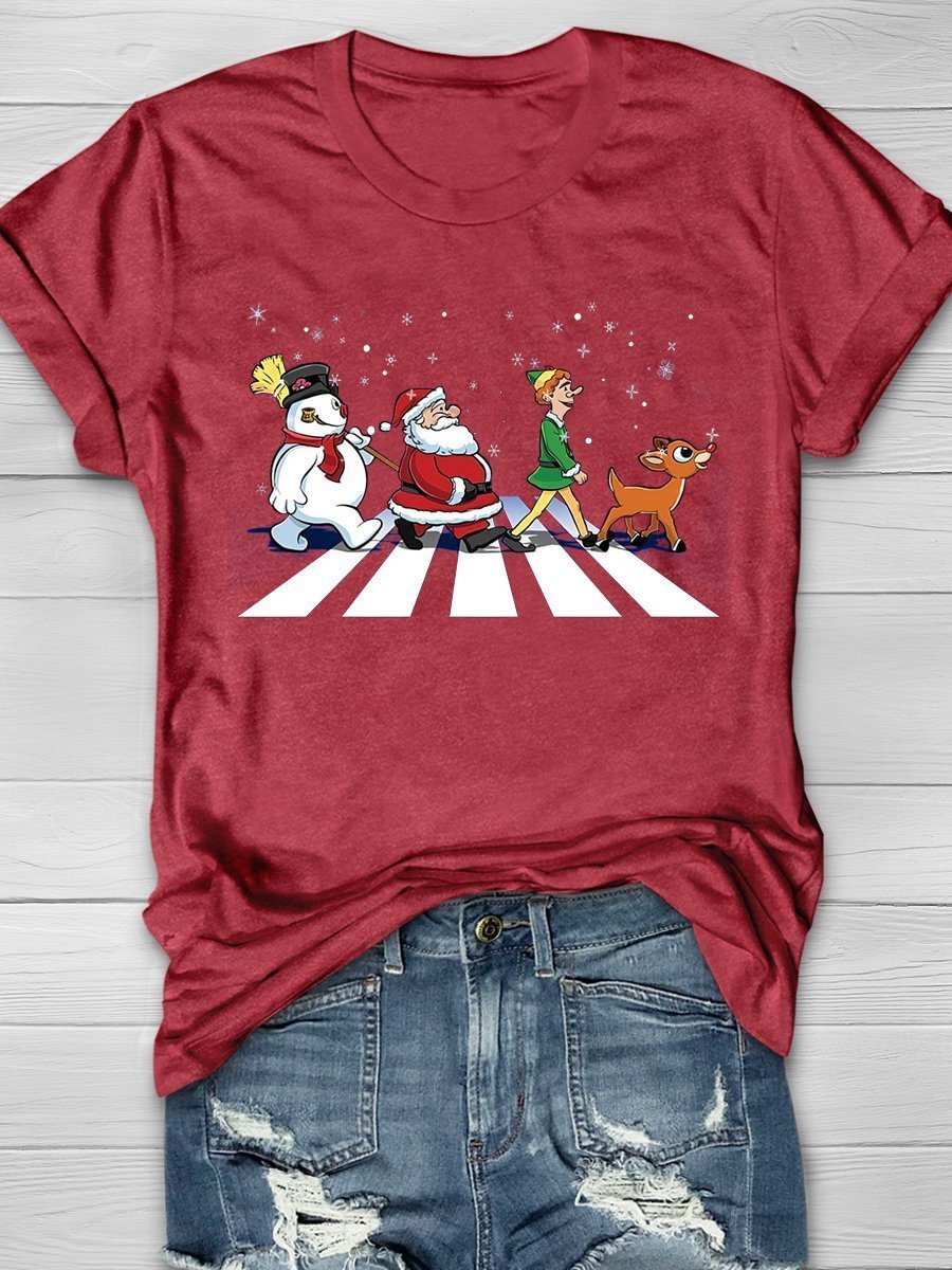 Merry Christmas Santa Claus Snowman Elk Print Short Sleeve T-shirt