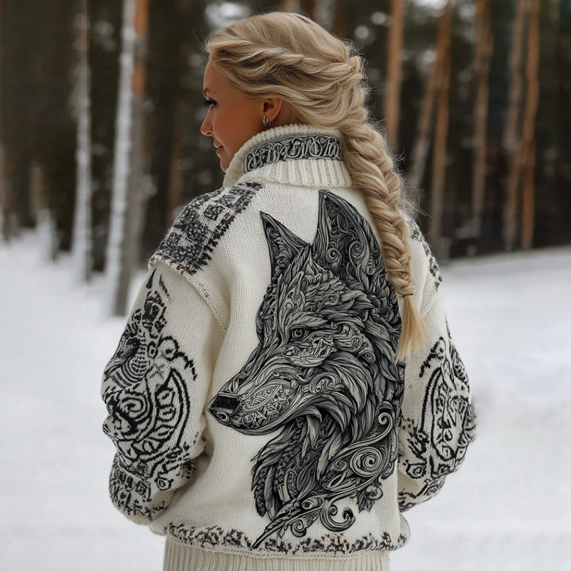 Women's Viking Celtic Wolf Art Knit Cozy Lapel Sweater elevenforest