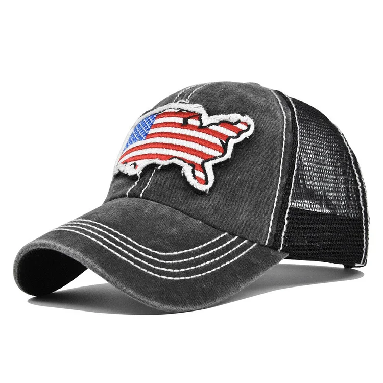Cross-Border American Flag Embroidered Baseball Cap Map Embroidered Tongue Cap Mesh Fitted Cap Curved Brim Sun Hat Summer Sun Ha