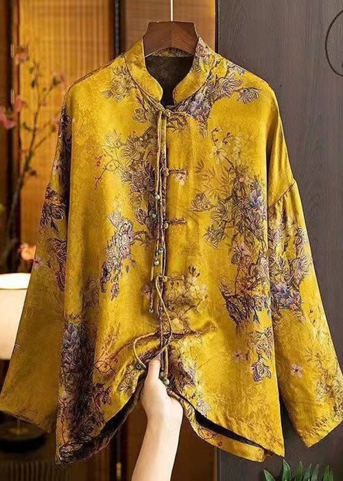 Top Quality Yellow Stand Collar Oriental Button Patchwork Tassel Jacquard Silk Shirt Top Long Sleeve
