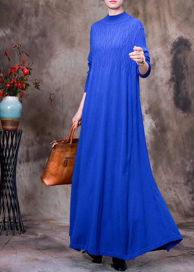 Handmade Blue Stand Collar slim fit Knit Long Dresses