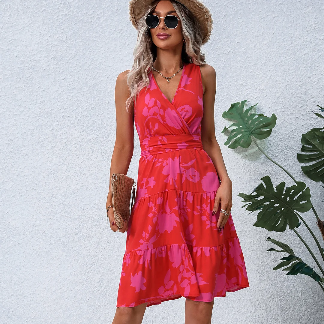 Fashion Tie Waist V Neck Printed Casual Dress