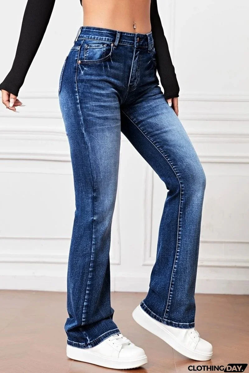 Casual Solid Pocket High Waist Denim Jeans