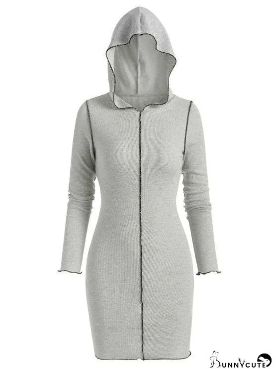Hooded Rib-knit Slinky Topstitching Bodycon Dress