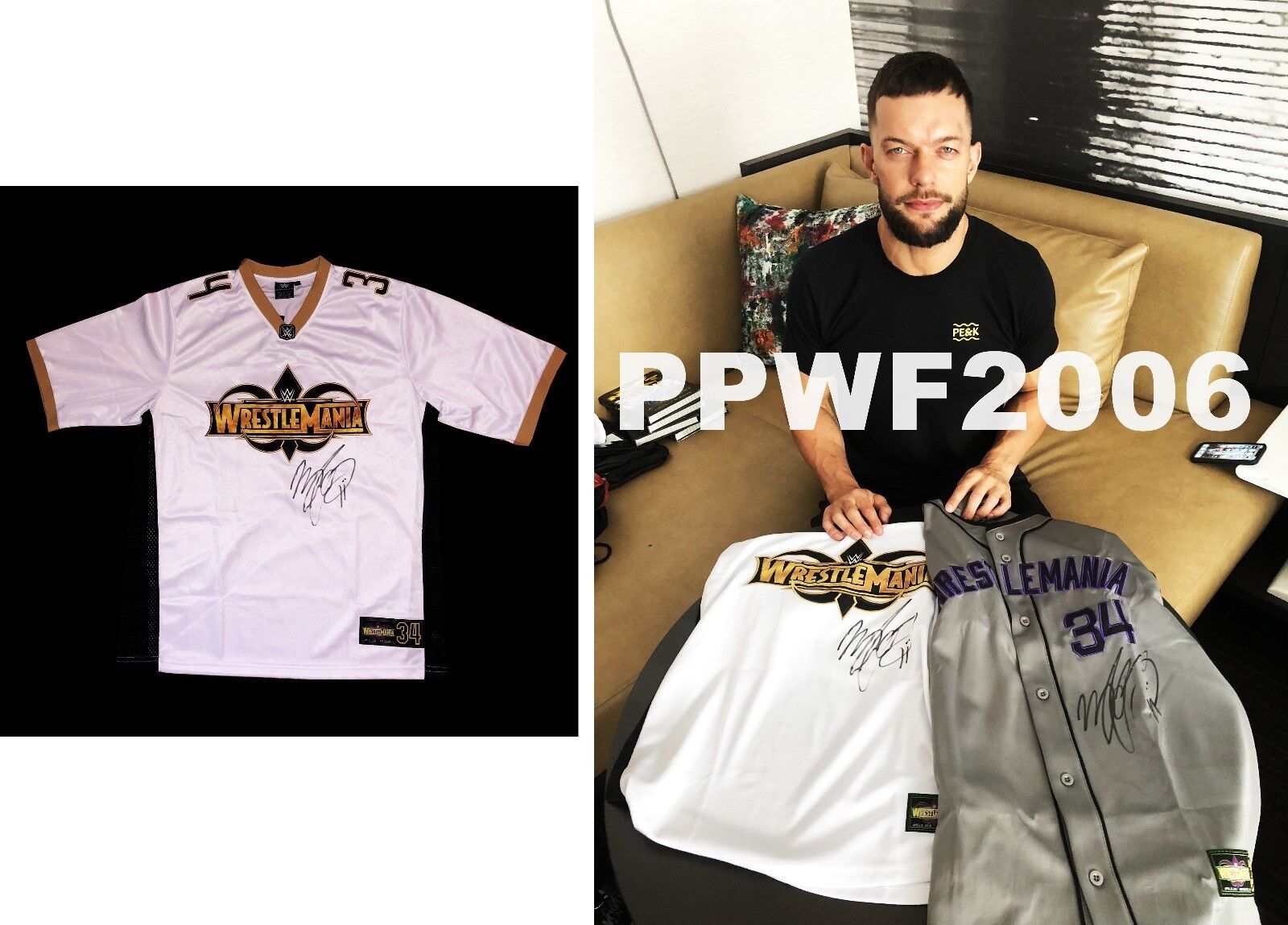 WWE FINN BALOR HAND SIGNED WRESTLEMANIA 34 WHITE JERSEY WITH PICTURE PROOF & COA