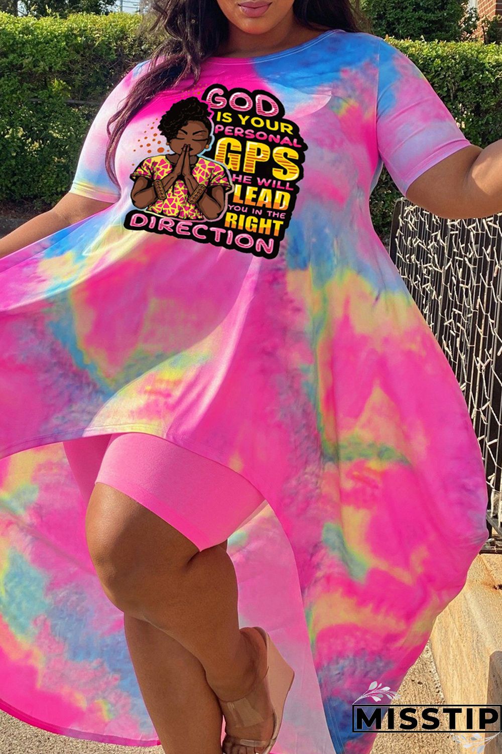 Pink Black Fashion Casual Print Tie-dye O Neck Plus Size Two Pieces