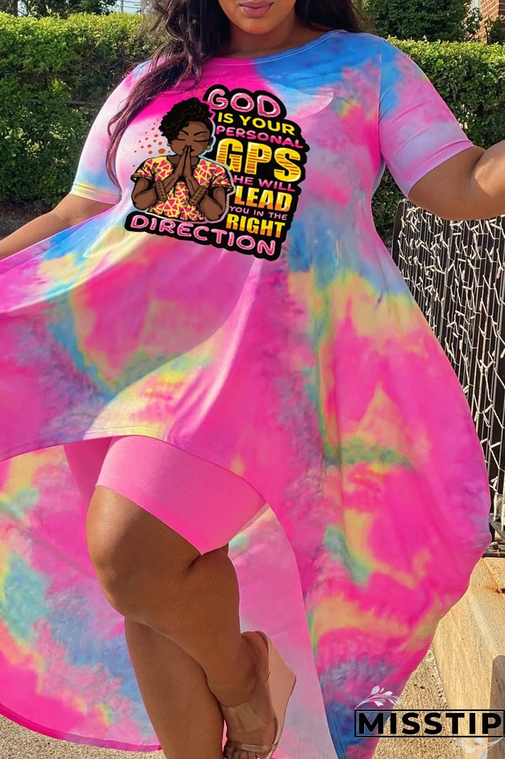 Pink Black Fashion Casual Print Tie-dye O Neck Plus Size Two Pieces