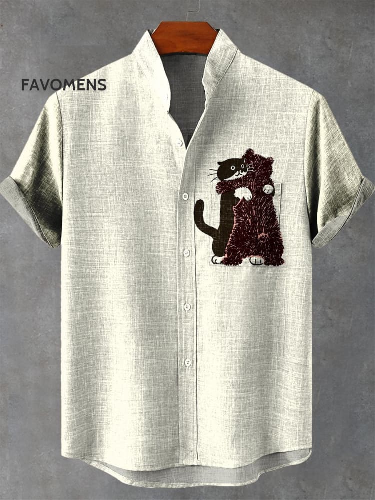Vintage Personalized Printed Cat Casual 100% Cotton Shirt Multicolor / S