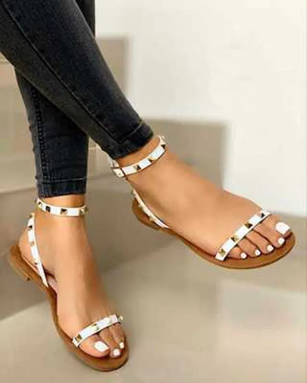 2020 Summer Women Flat Shoes Gladiator Open Toe Beach Sandals Rivet Ankle Strap Roman Ladies Sandals Zapatos Mujer Chaussure