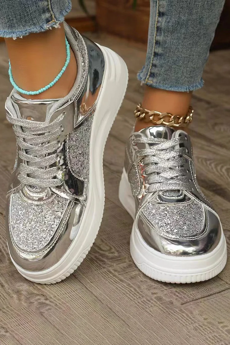 Casual Leather Sequin Patchwork Lace-Up Solid Platform Sneakers 2024 - Xpluswear