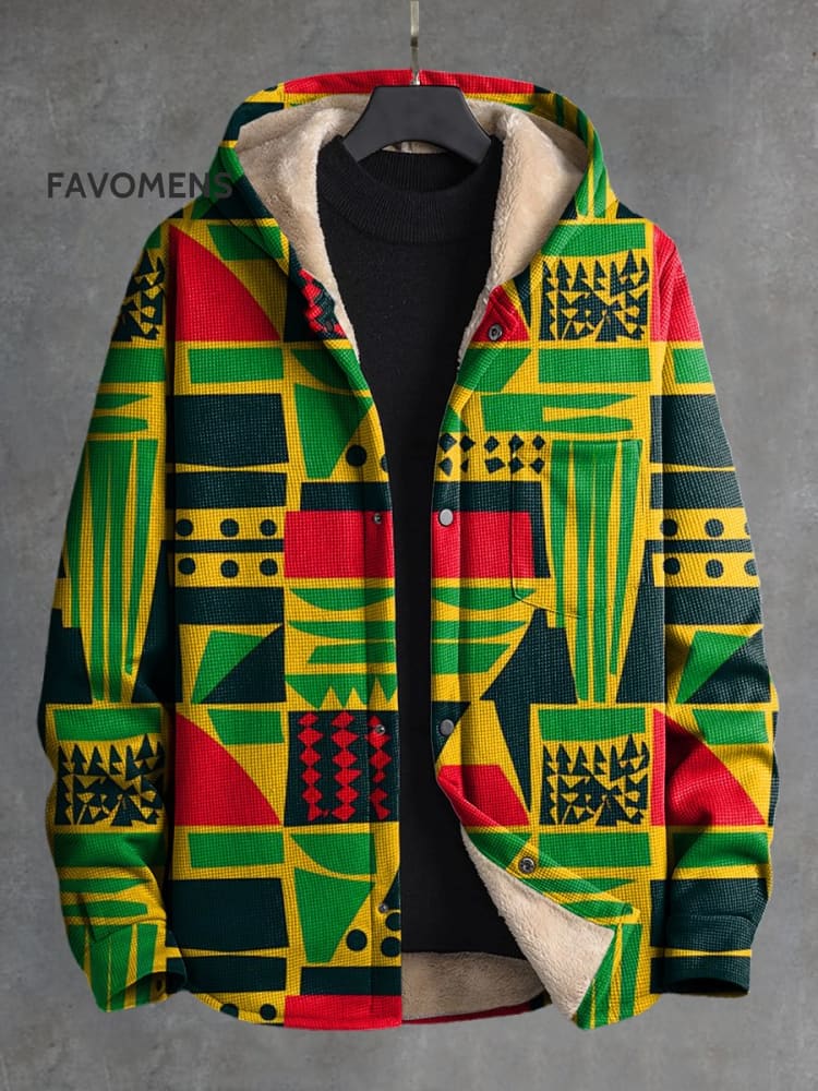 Vintage African Art Geometric Tribal Totem Print Waffle Plush Thick Long-Sleeved Hooded Coat