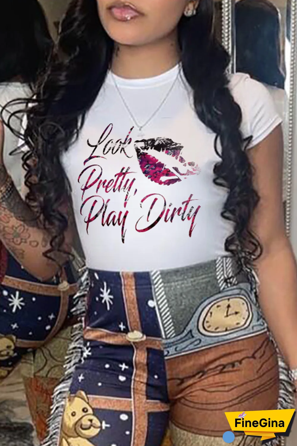 Black Casual Vintage Print Letter O Neck T-Shirts