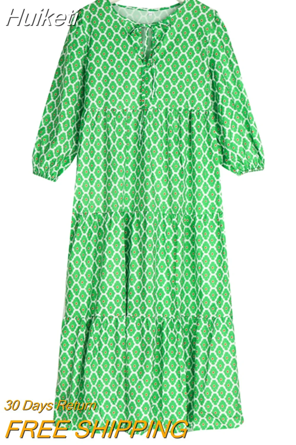 Huiketi Maxi Dress Women Floral Print Summer Holiday Beach Dress Female Short Puff Sleeve Loose Sundress Green Vestidos Mujer