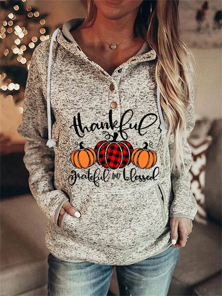 Pumpkin Print Thanksgiving Hooded Sweatshirt