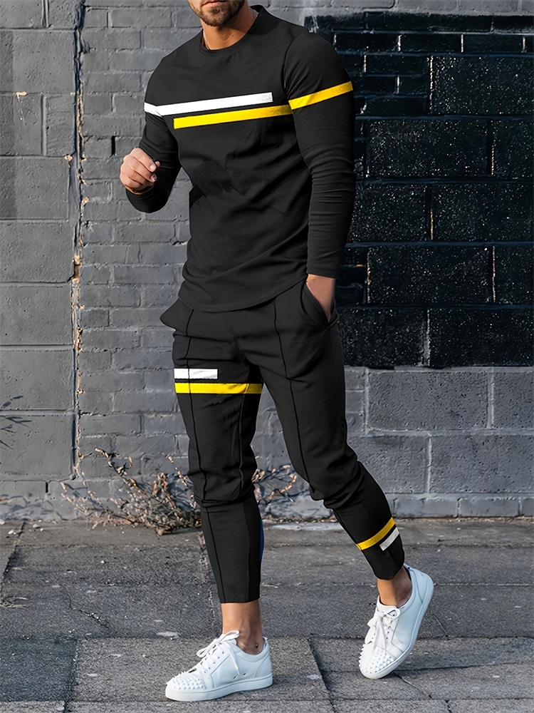 Geswet 2025 New Spring And Autumn Men's Long Sleeve T-shirt And Long Pants Set Daily Street Men's Fashion Long Sleeve T-shirt
