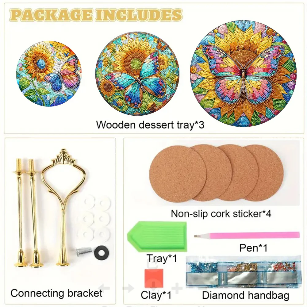 5D DIY 3 Tier Acrylic Butterfly Sunflower Diamond Painting Serving Tray for Home
