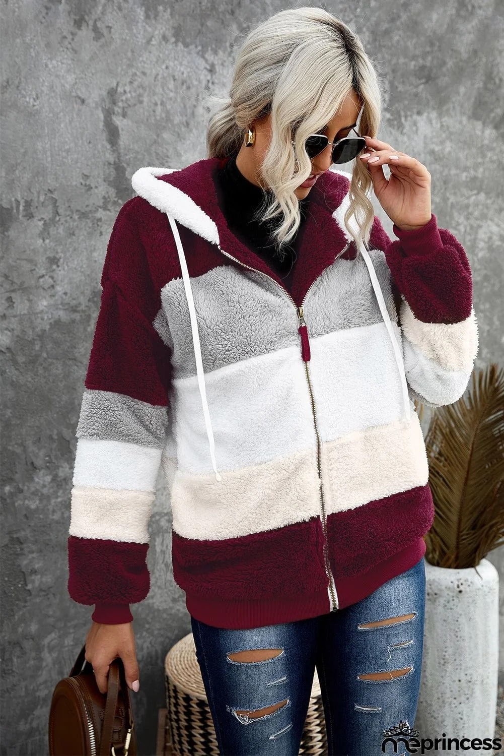 Colorblock Zip Up Sherpa Coat with Hooded