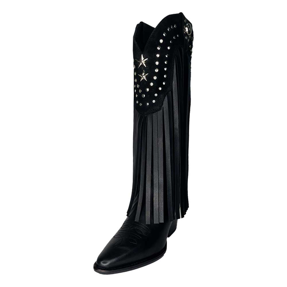 Vegan Leather Pointed Toe Fringe Knee-High Cowgirl Boots in Black Nicepairs