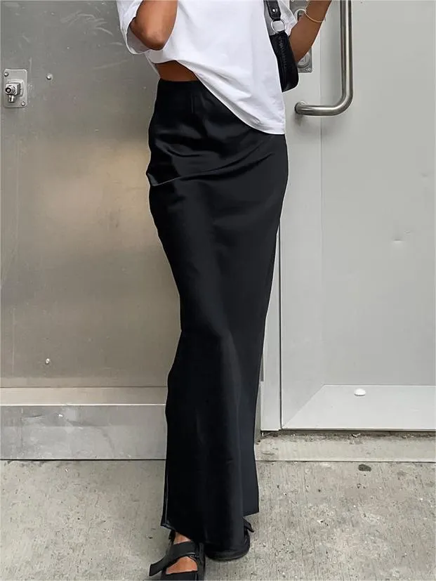 Brownm Solid Color Satin Maxi Skirt