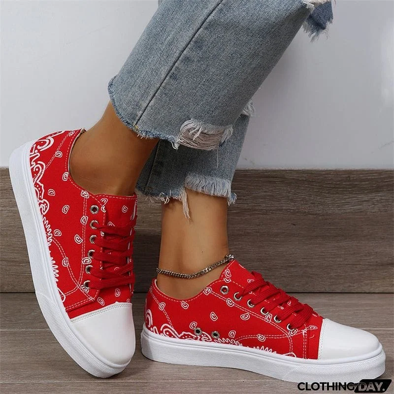 Cute Round Toe Lace Up Cartoon Print Canvas Loafers for Women