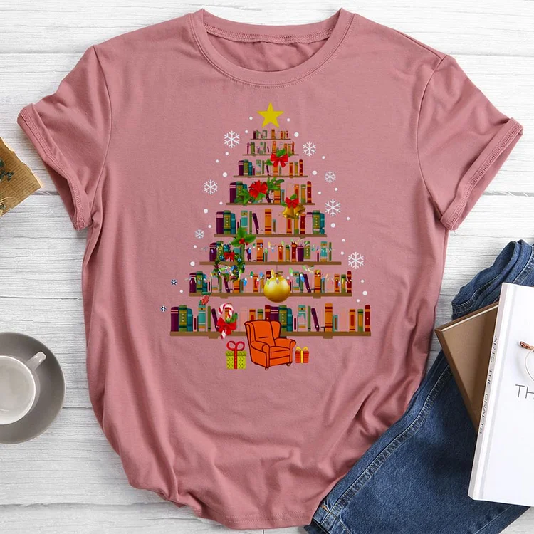 Christmas tree book Round Neck T-shirt-0021451