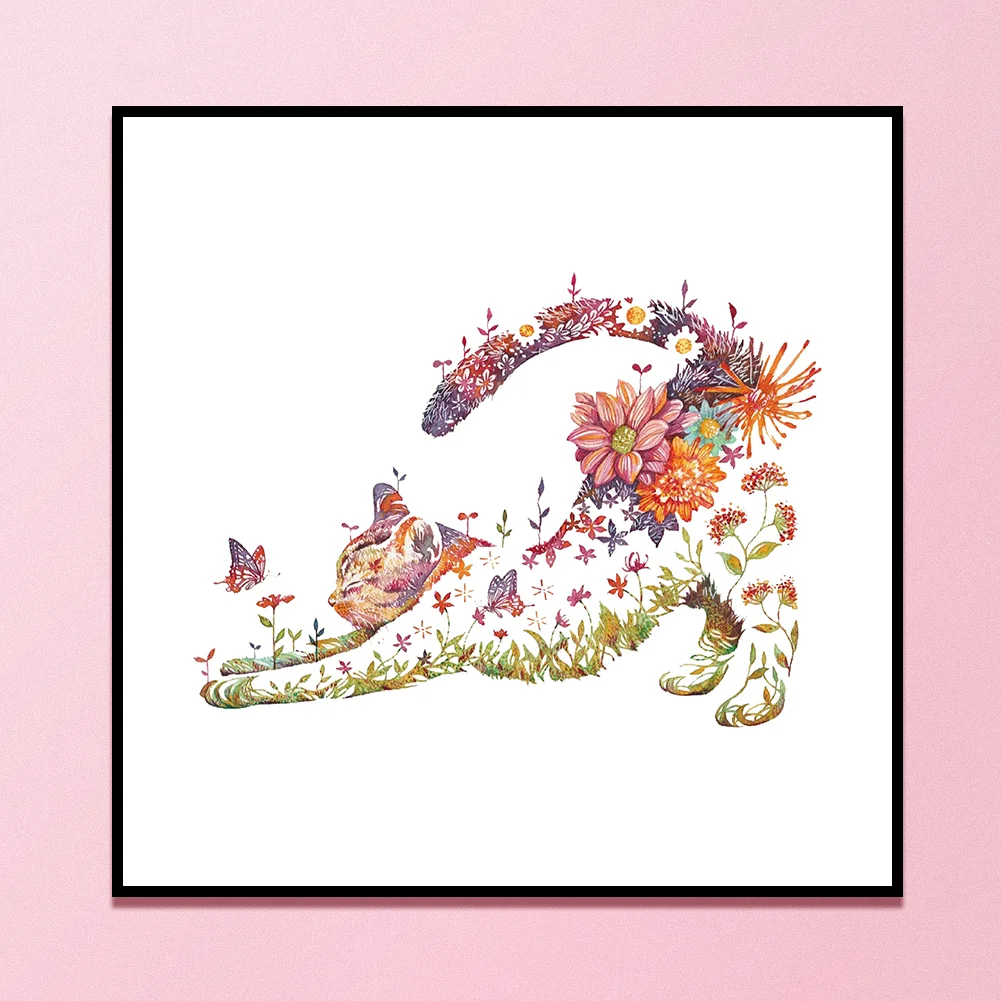 14CT Counted Partial Cross Stitch - Flowers Cat(40*40cm)