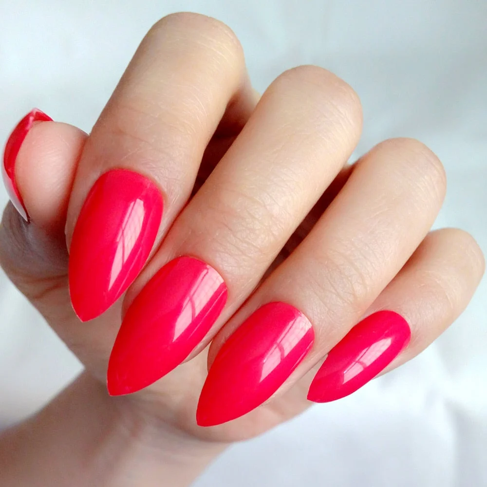 24Pcs Shiny Short Stiletto Fake Nails Artificial Red False Nails For Design DIY Full Cover Finger Tip Manicure Tools