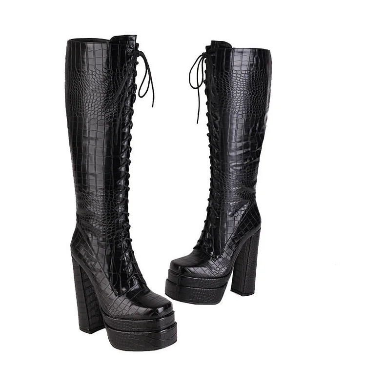 Lace Up Platform Knee High Boots