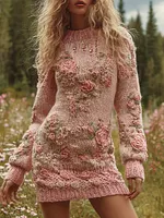 Women's Vintage Pink Rose Embroidered Art Knit Mini Sweater Dress