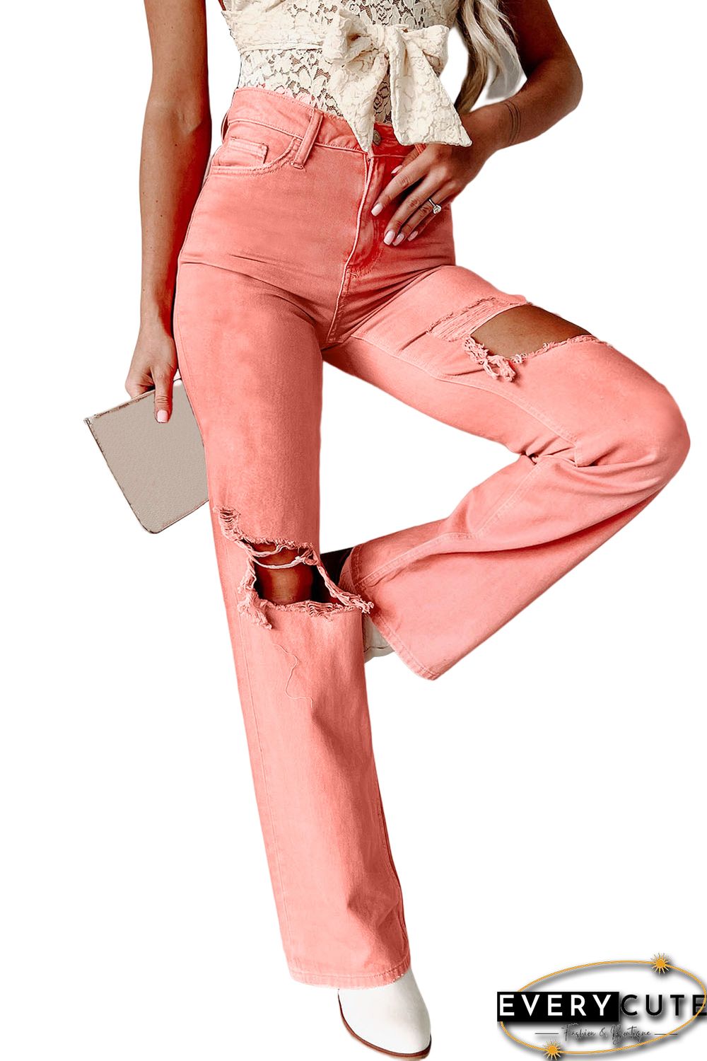 Pink High Waist Ripped Straight Leg Pocket Jeans
