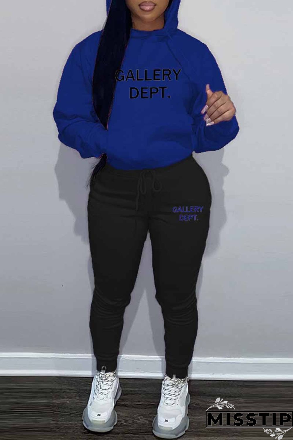 Blue Street Print Letter Hooded Collar Long Sleeve Two Pieces