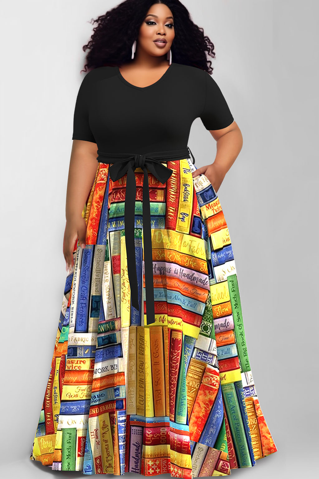 Design Plus Size Black Daily Book Print Short Sleeve Pocket Maxi Dresses [Pre-Order]