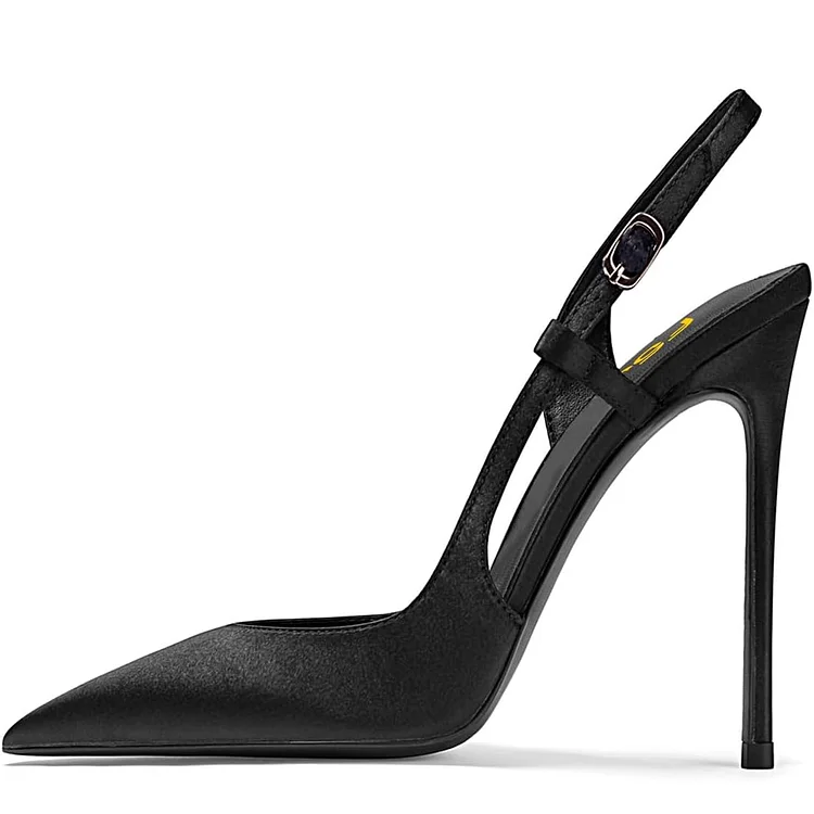 Black Satin Dress Shoes Pointed Toe Stiletto Heel Slingback Pumps |FSJ Shoes