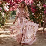 Bohème Pink Rose Sequin Light Pink V-neck Short-sleeved Dress - Image 4