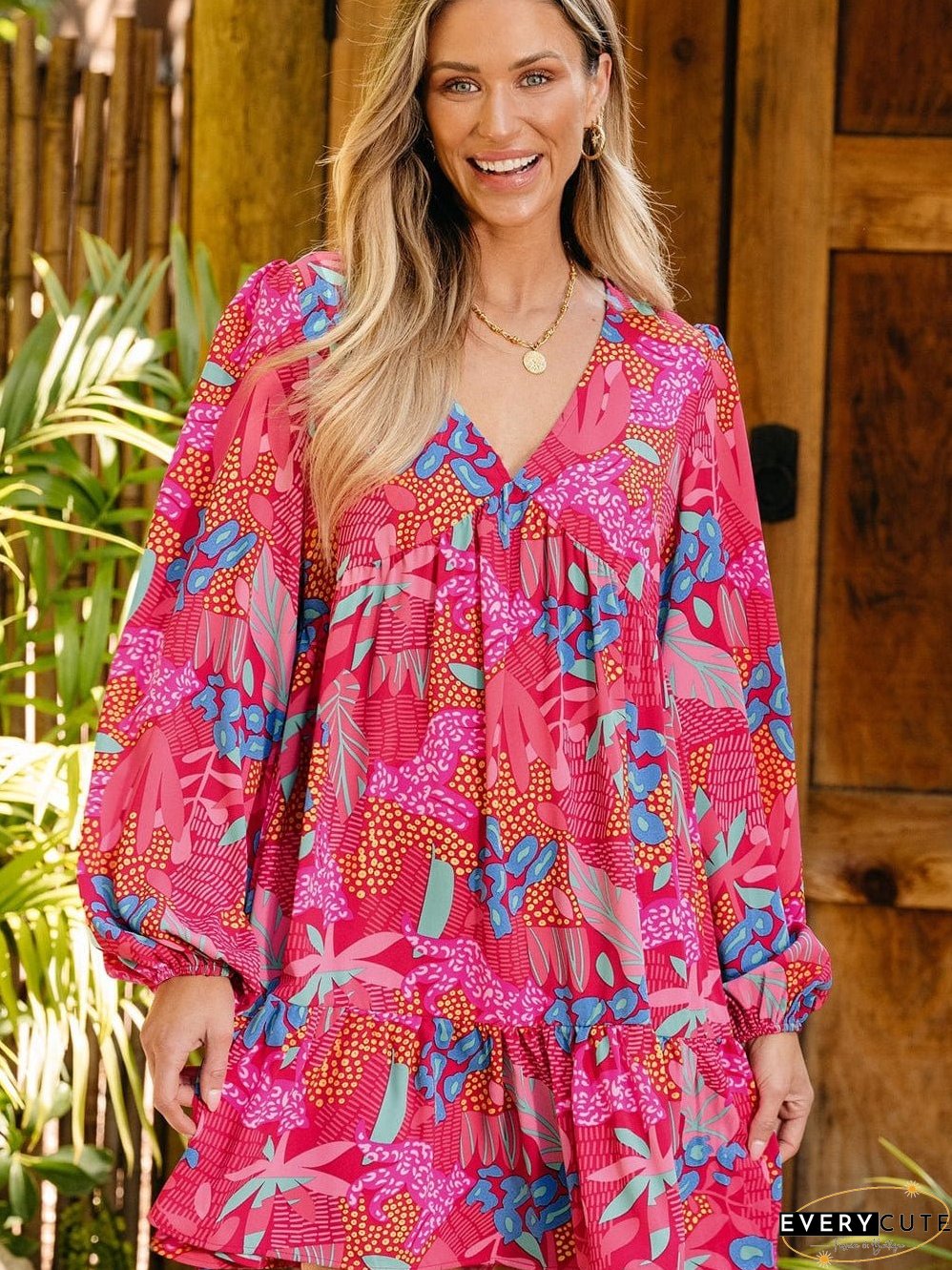 Rose Blossom V Neck Bubble Sleeve Ruffle Detail Mini Dress