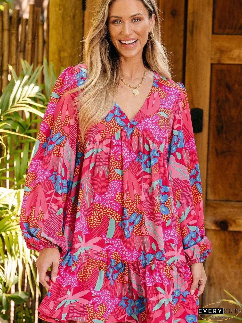 Rose Blossom V Neck Bubble Sleeve Ruffle Detail Mini Dress