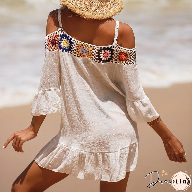 Holiday Suspenders Sun-protective Clothing Crocheted Lace Shoulder Dress Casual Short Solid Color Sunscreen Beach Skirt