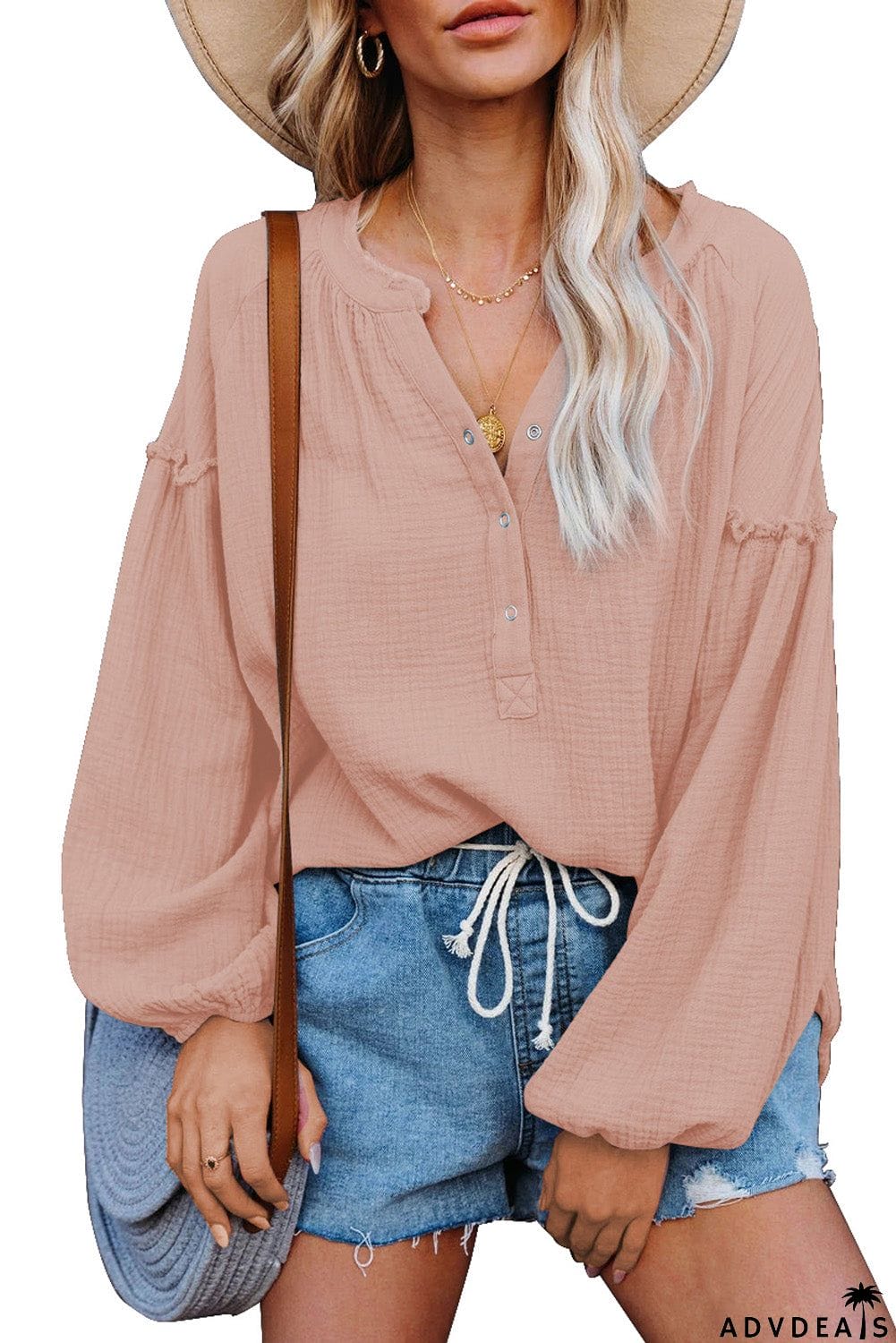 Casual Balloon Sleeve Crinkled Top