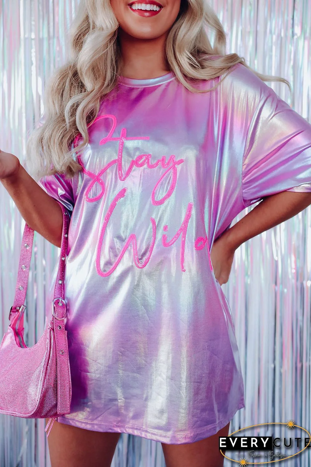 Purple Shiny Iridescent Stay Wild Graphic Oversized Tee
